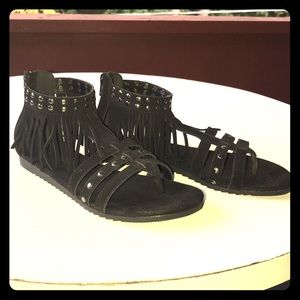 Black fringe sandals with studs
